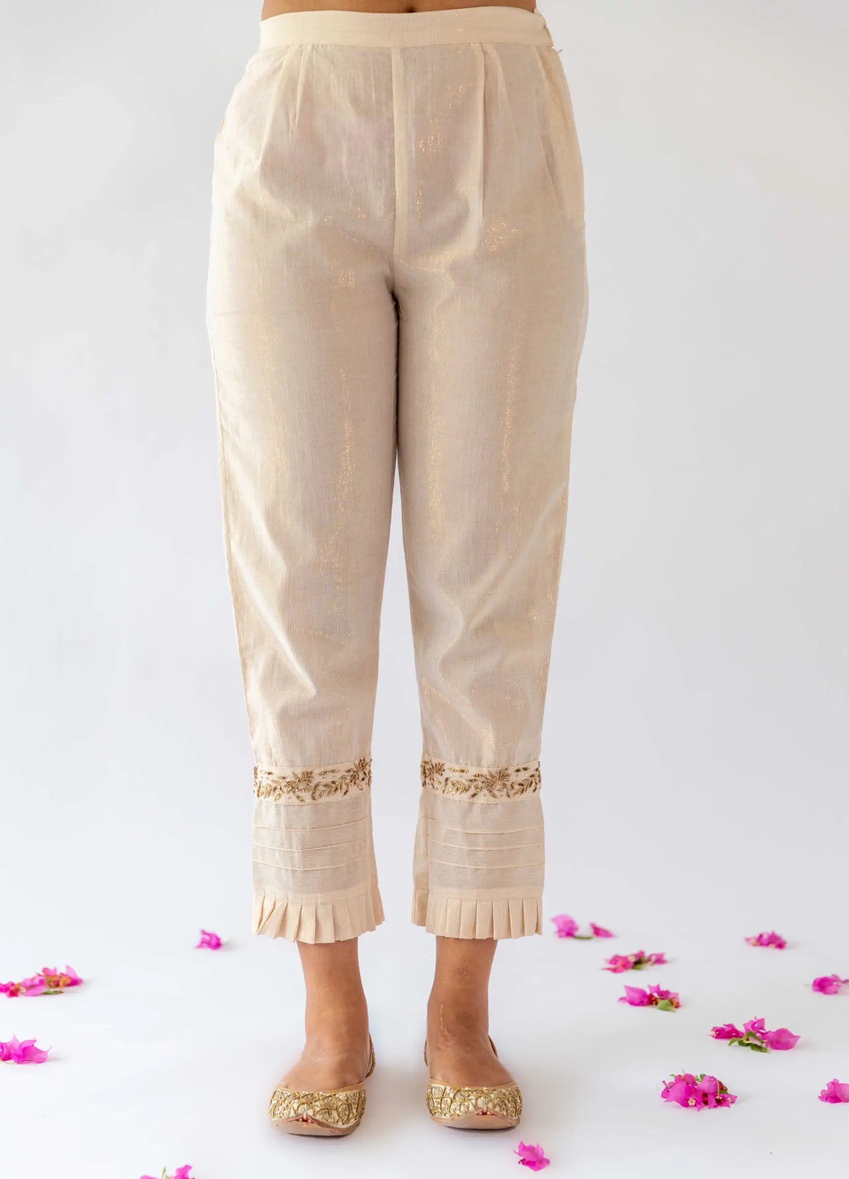 Ivory Frilled Pants With Embroidery