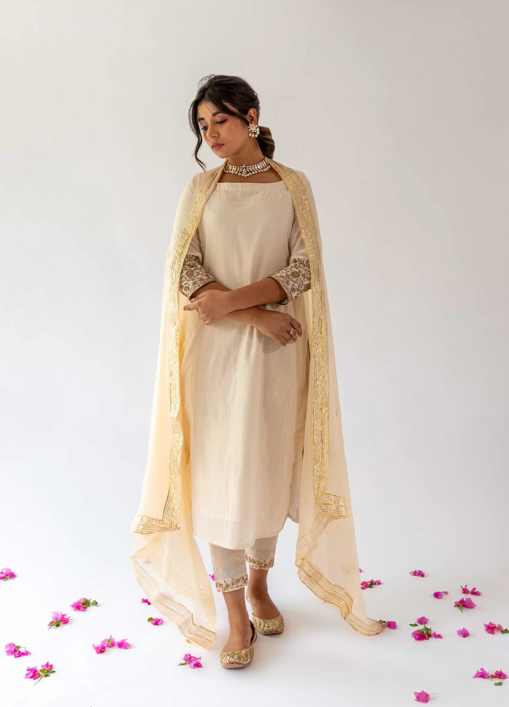 Ivory Embroidered Lurex Cotton Kurta Set - Set Of Three