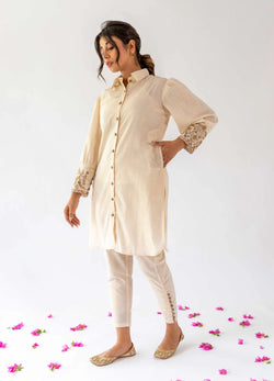 Ivory Long Shirt, Inner With Handwork On The Cuff And Pants - Set Of Three