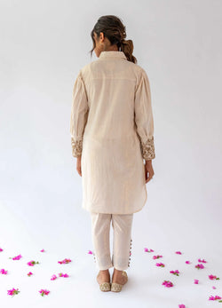 Ivory Long Shirt, Inner With Handwork On The Cuff And Pants - Set Of Three