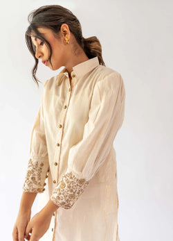 Ivory Long Shirt, Inner With Handwork On The Cuff And Pants - Set Of Three