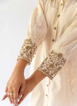 Ivory Long Shirt, Inner With Handwork On The Cuff And Pants - Set Of Three