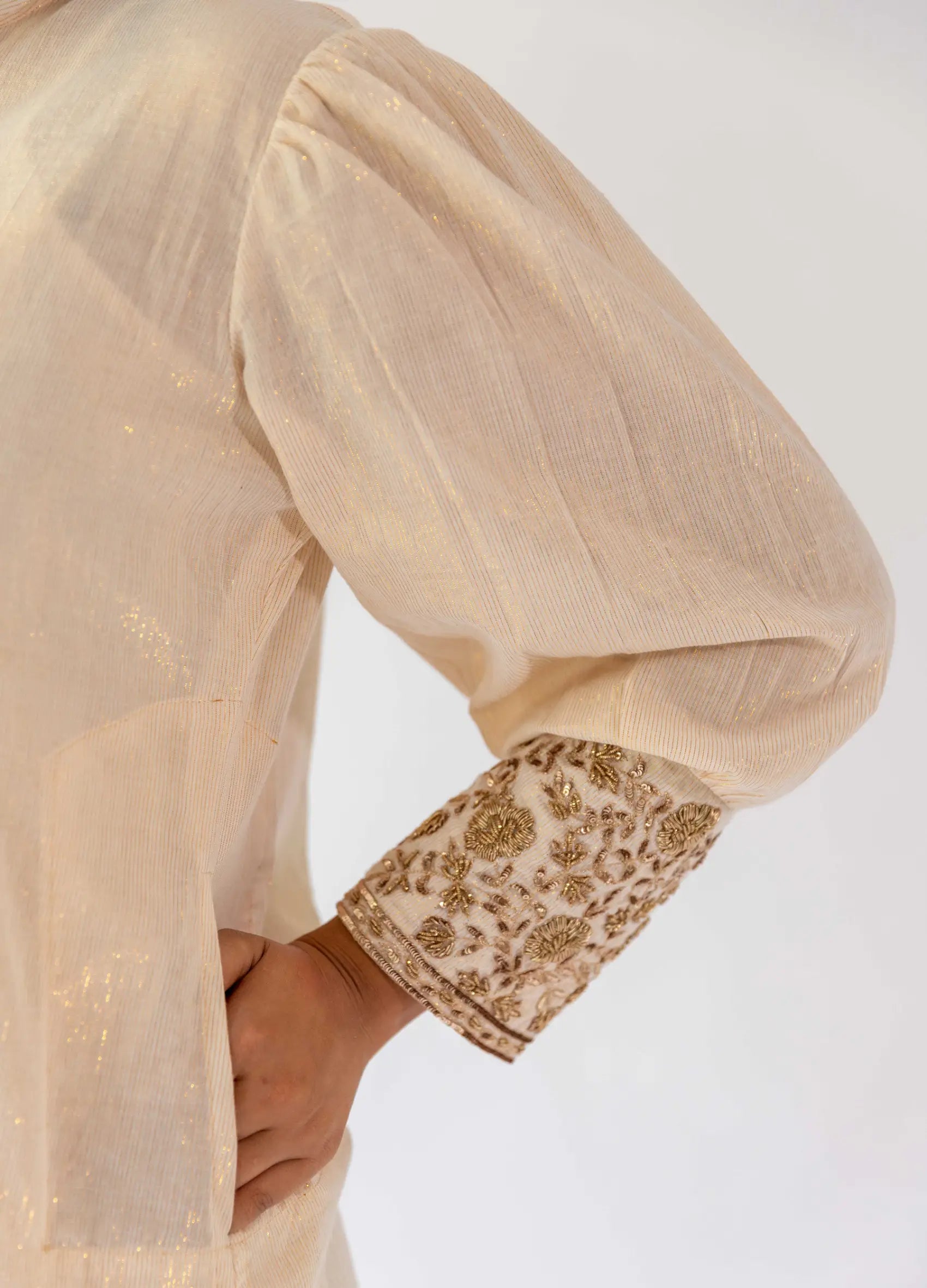 Ivory Long Shirt, Inner With Handwork On The Cuff And Pants - Set Of Three