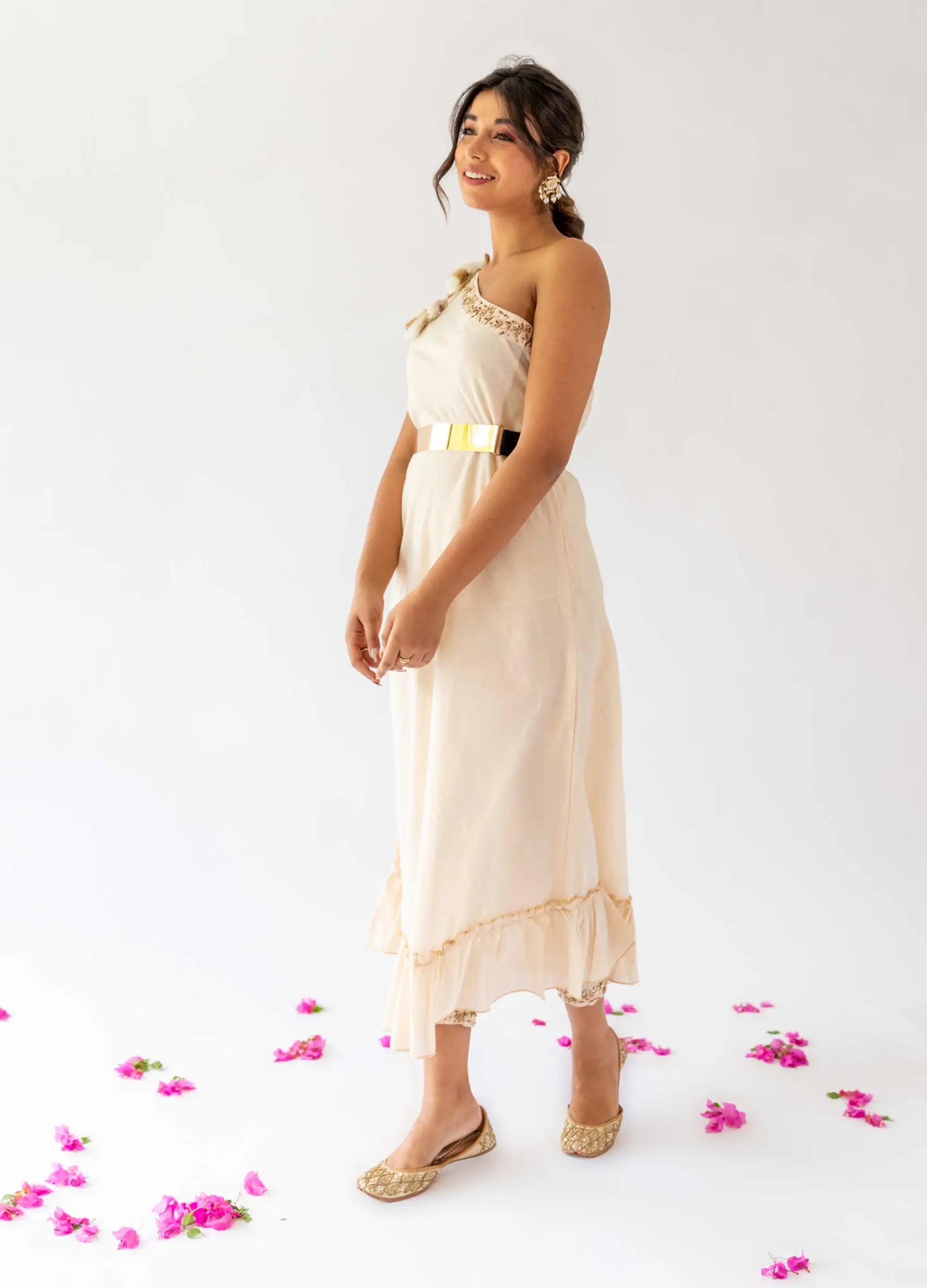 Ivory One Shoulder Tie-Up Long Dress