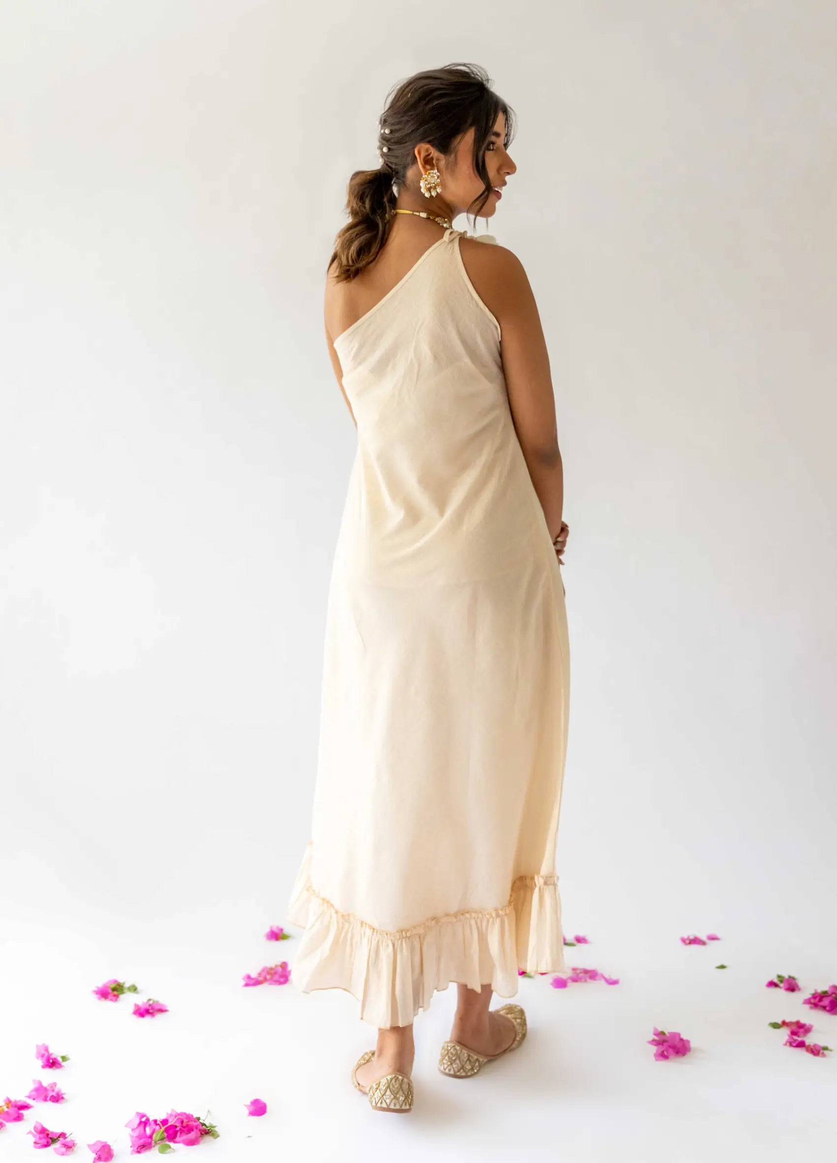 Ivory One Shoulder Tie-Up Long Dress