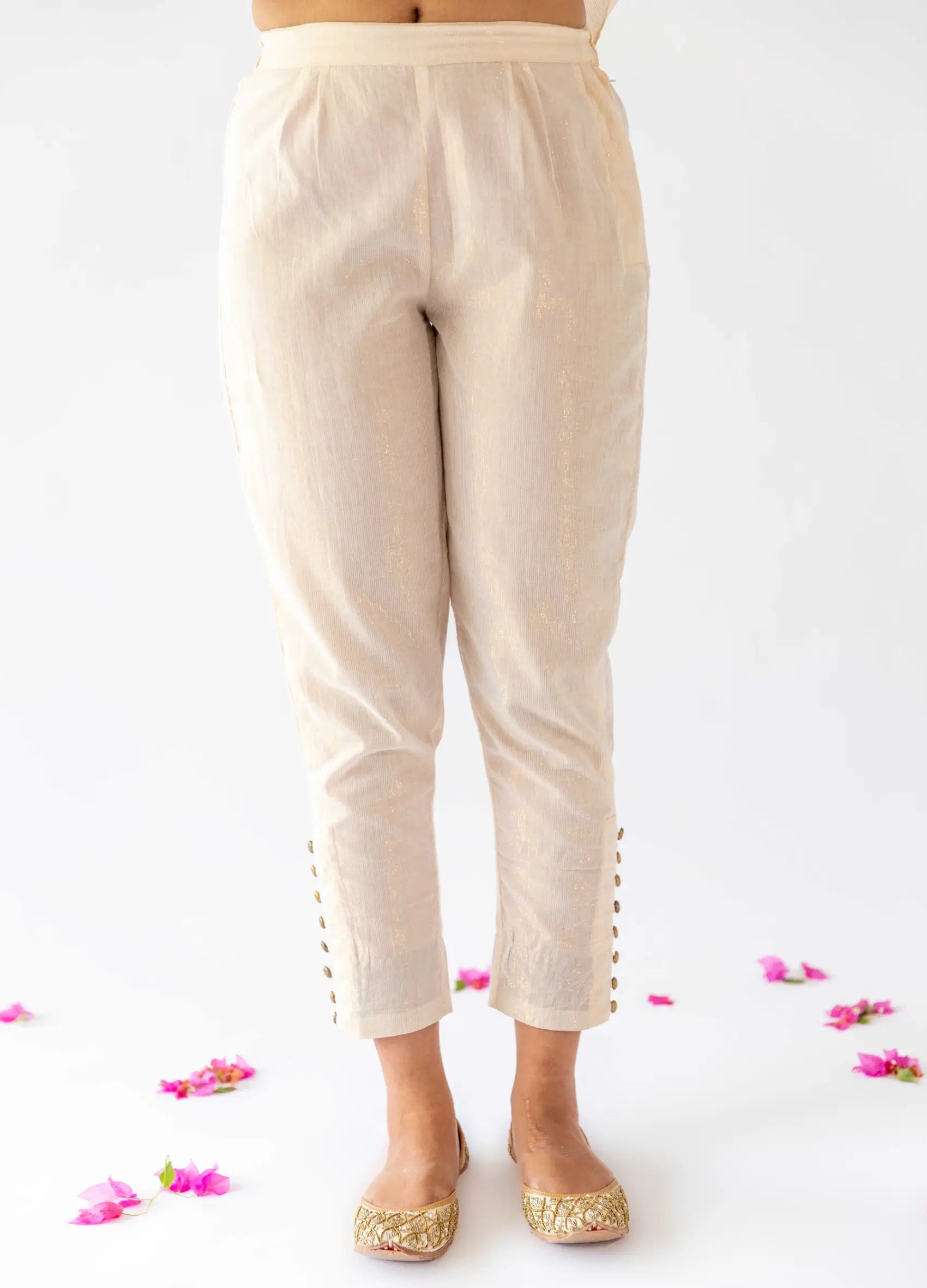Ivory Tapered Pants With Buttons Detailing