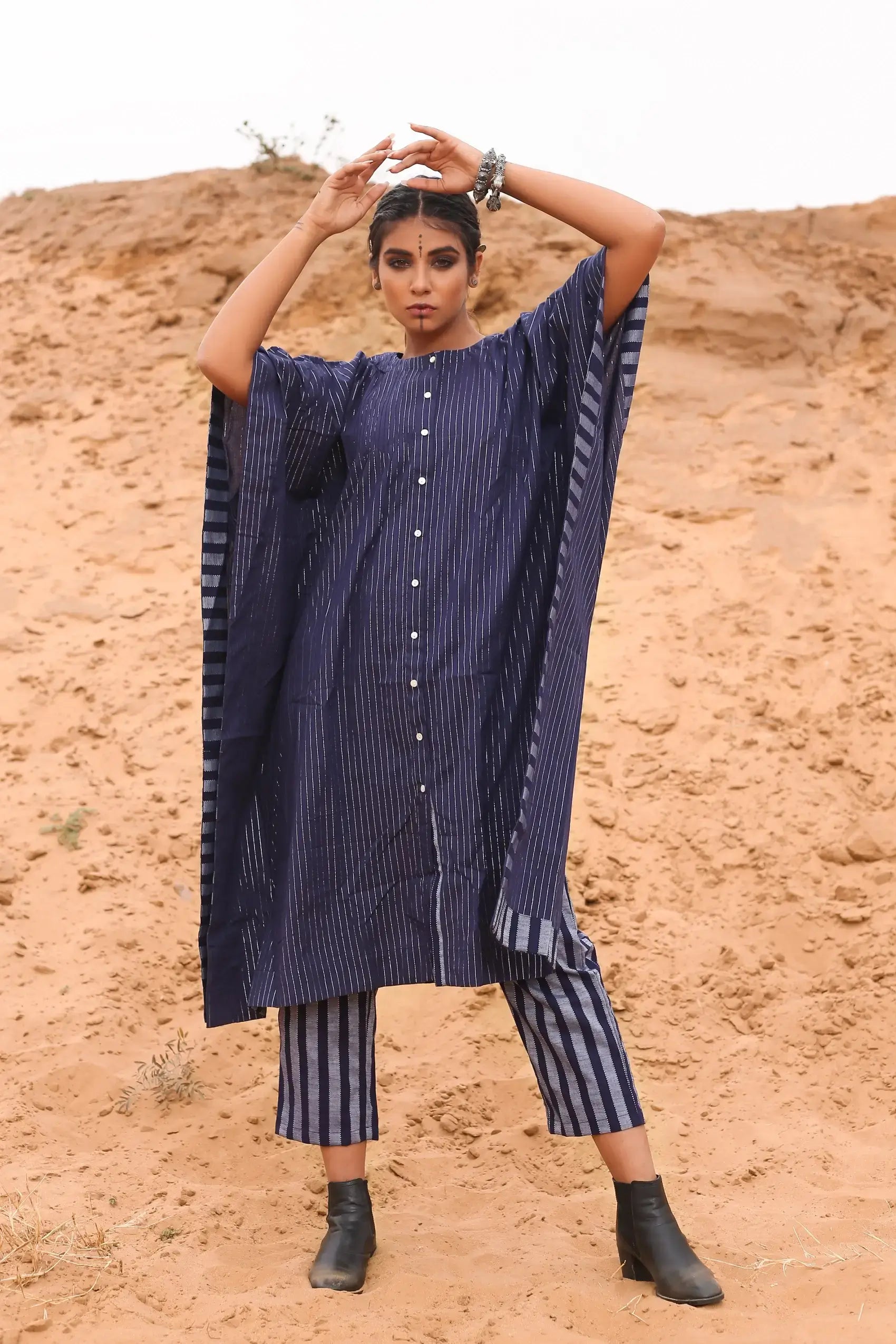 Kaftan With Deep Blue Striped Pants - Set Of Two