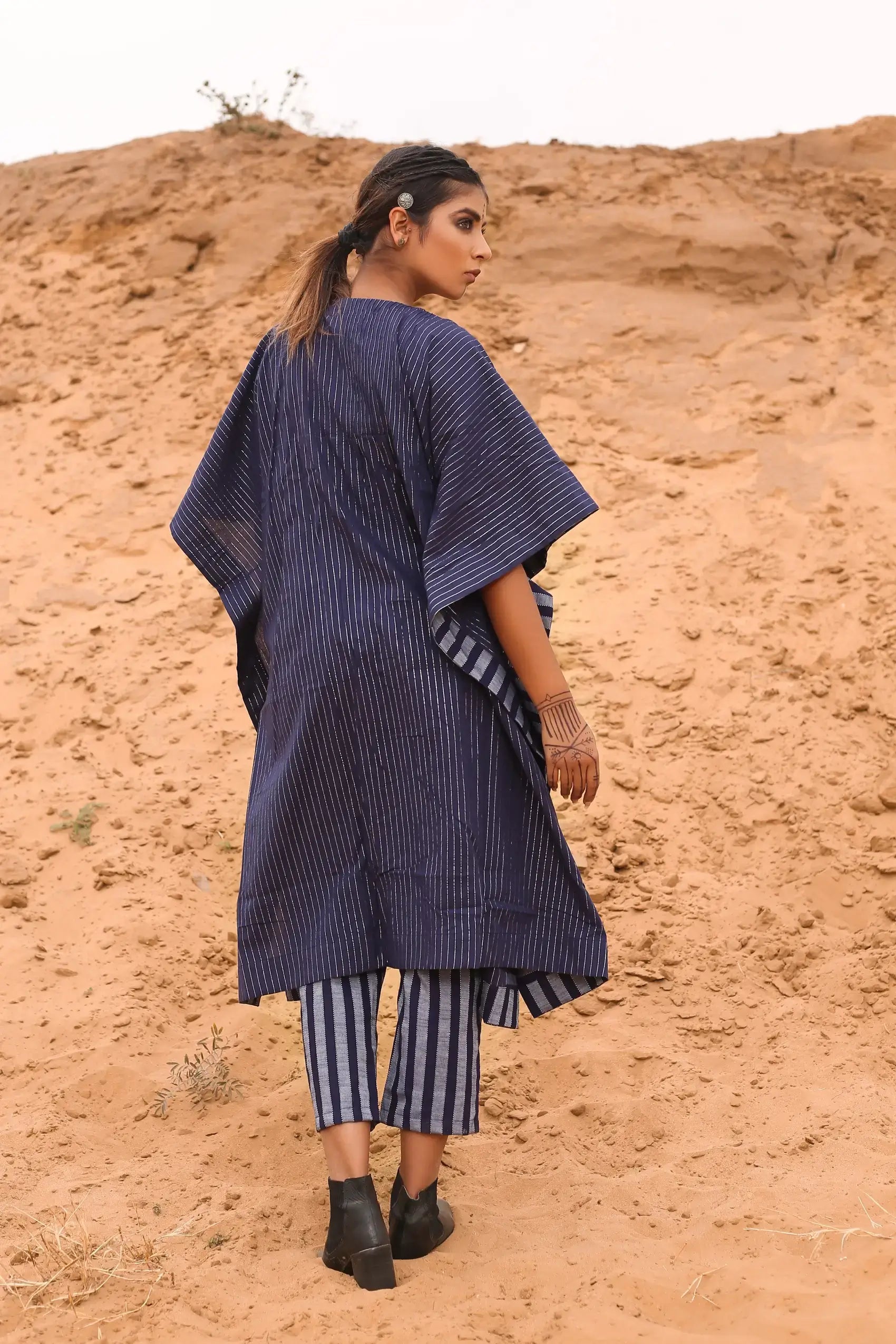 Kaftan With Deep Blue Striped Pants - Set Of Two