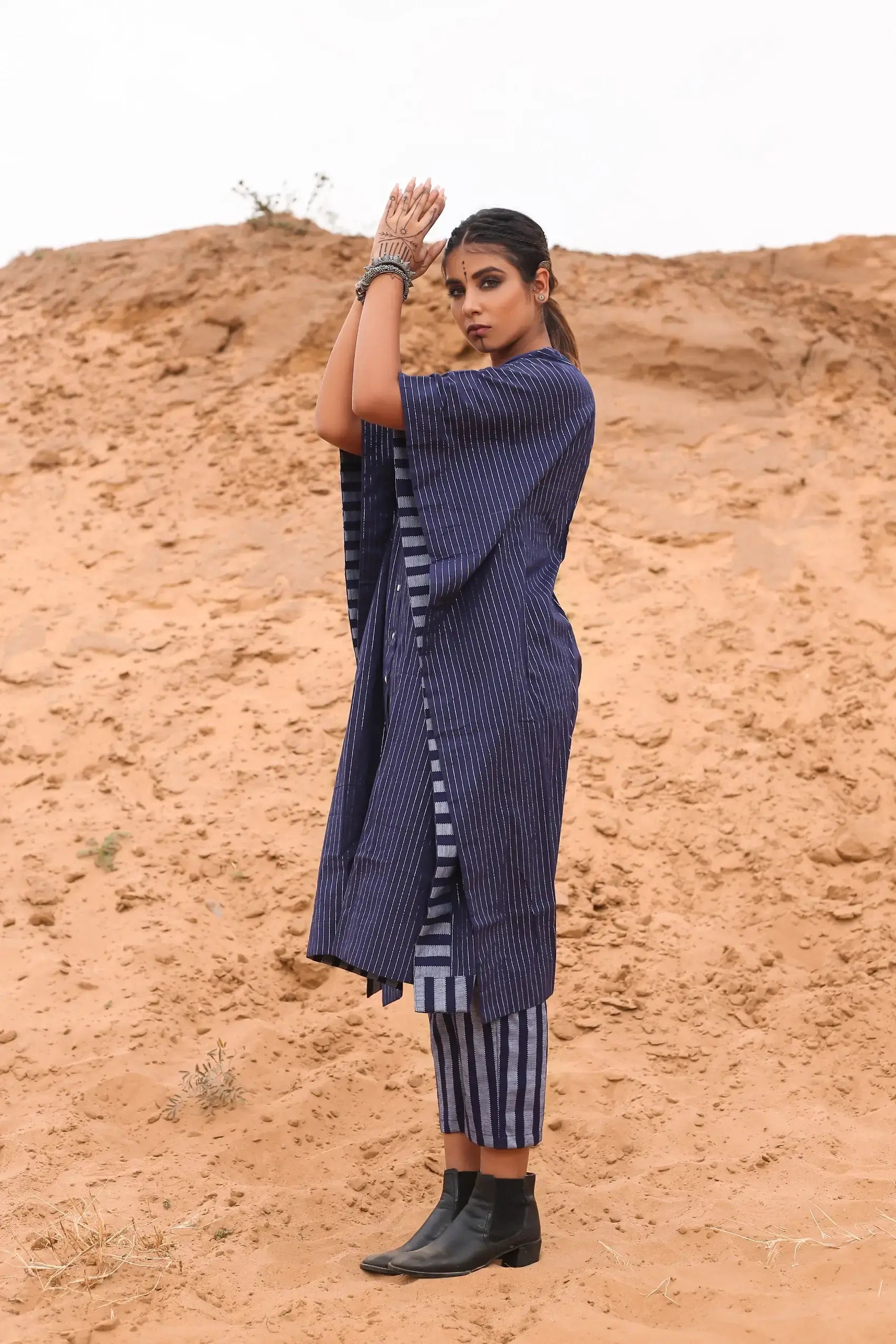 Kaftan With Deep Blue Striped Pants - Set Of Two