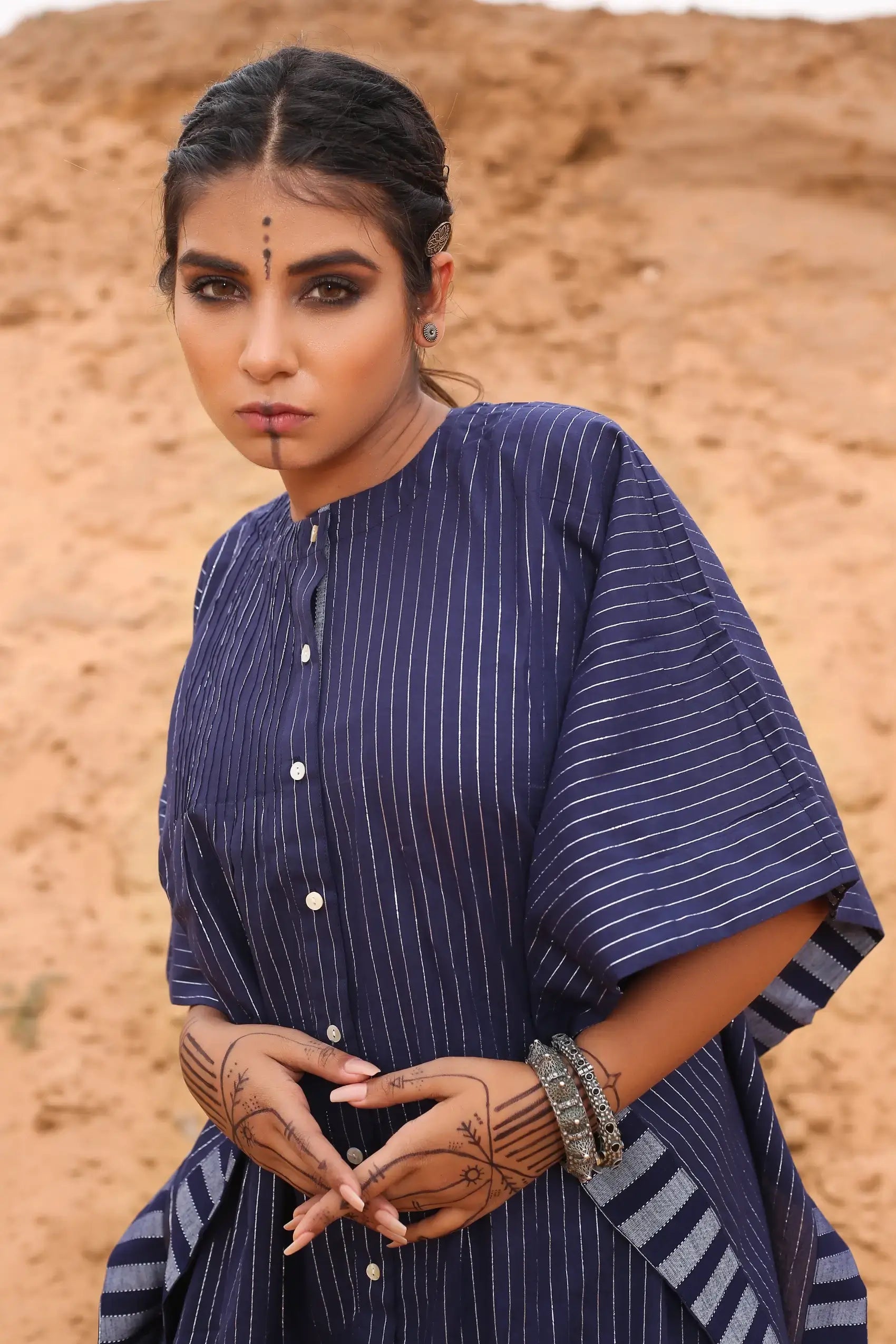 Kaftan With Deep Blue Striped Pants - Set Of Two