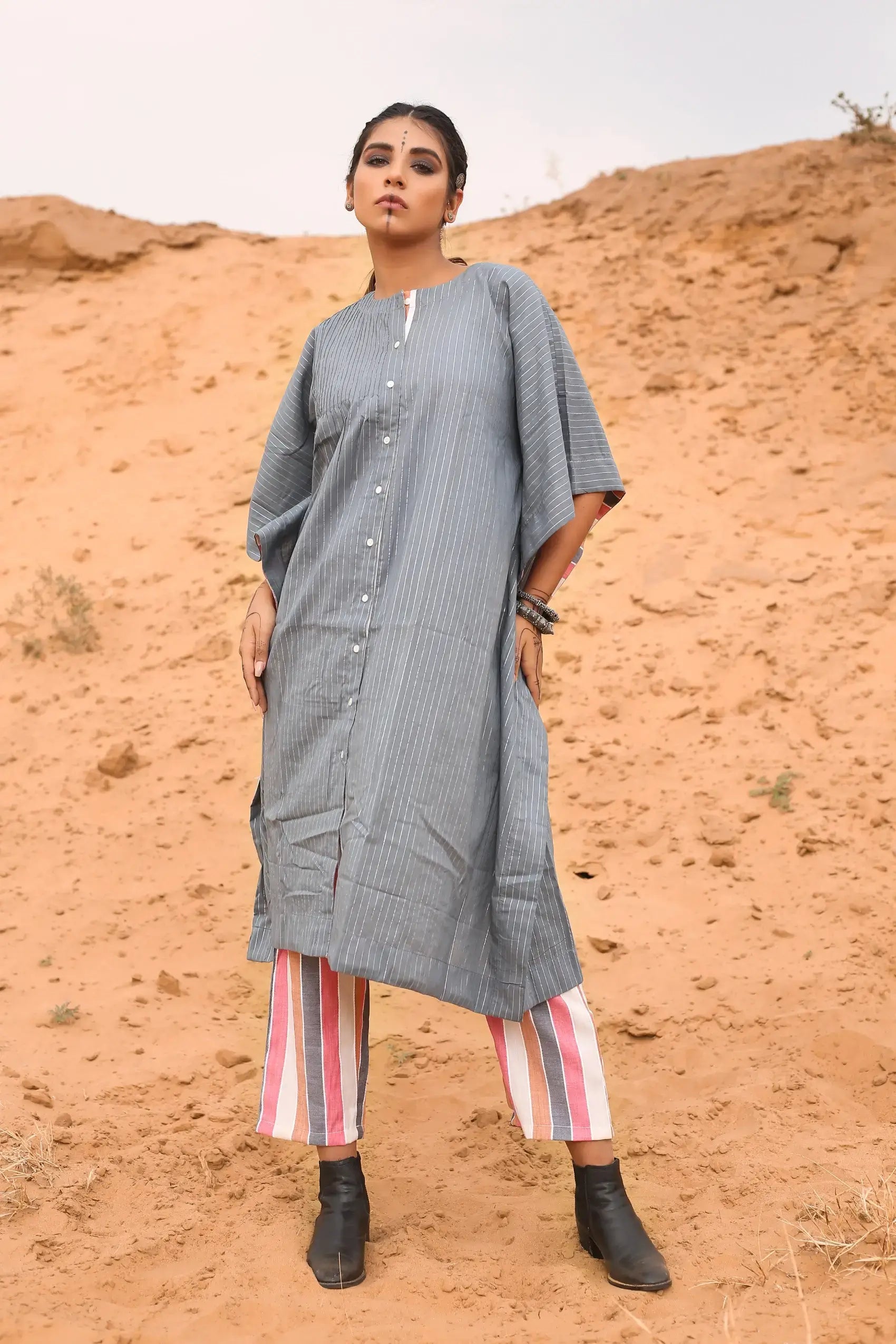 Kaftan With Multicolored Striped Pants - Set Of Two