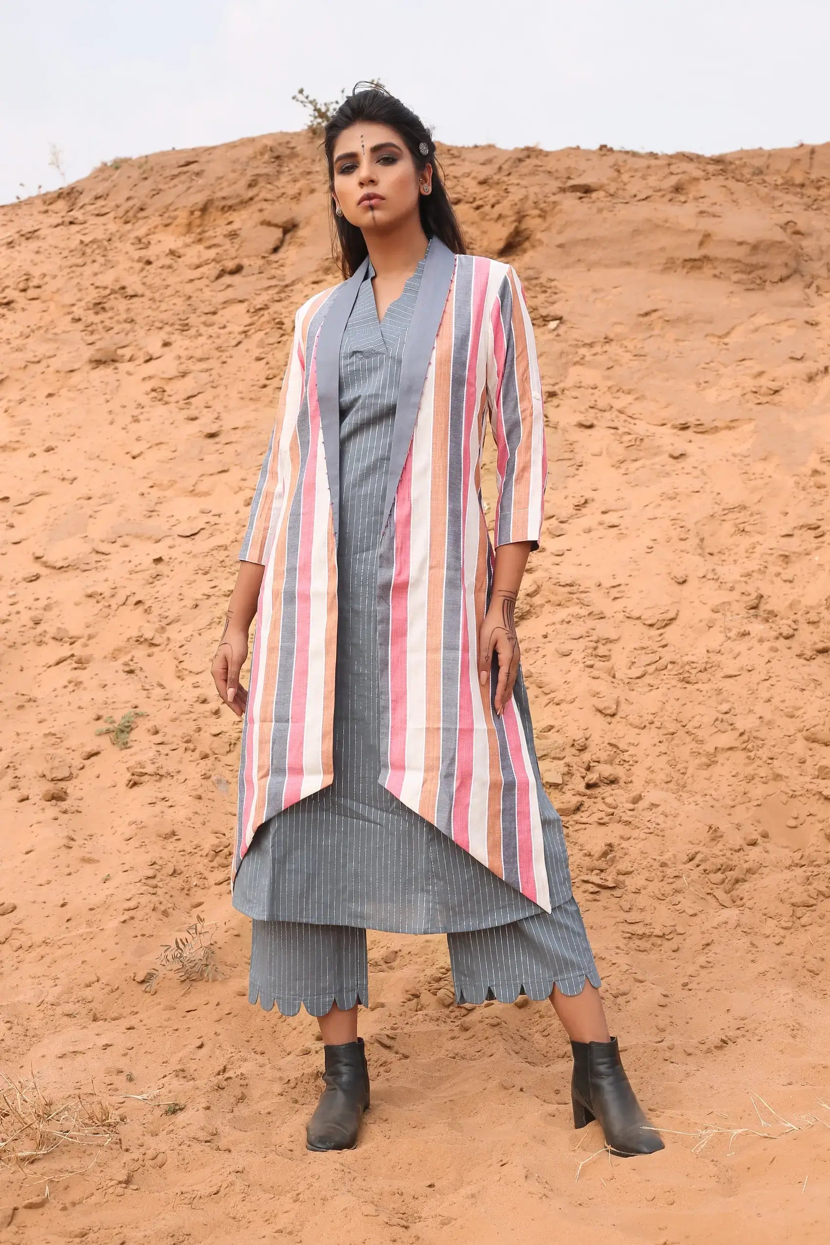 Multi-Color Striped Cape With Kurta And Pants - Set Of Three