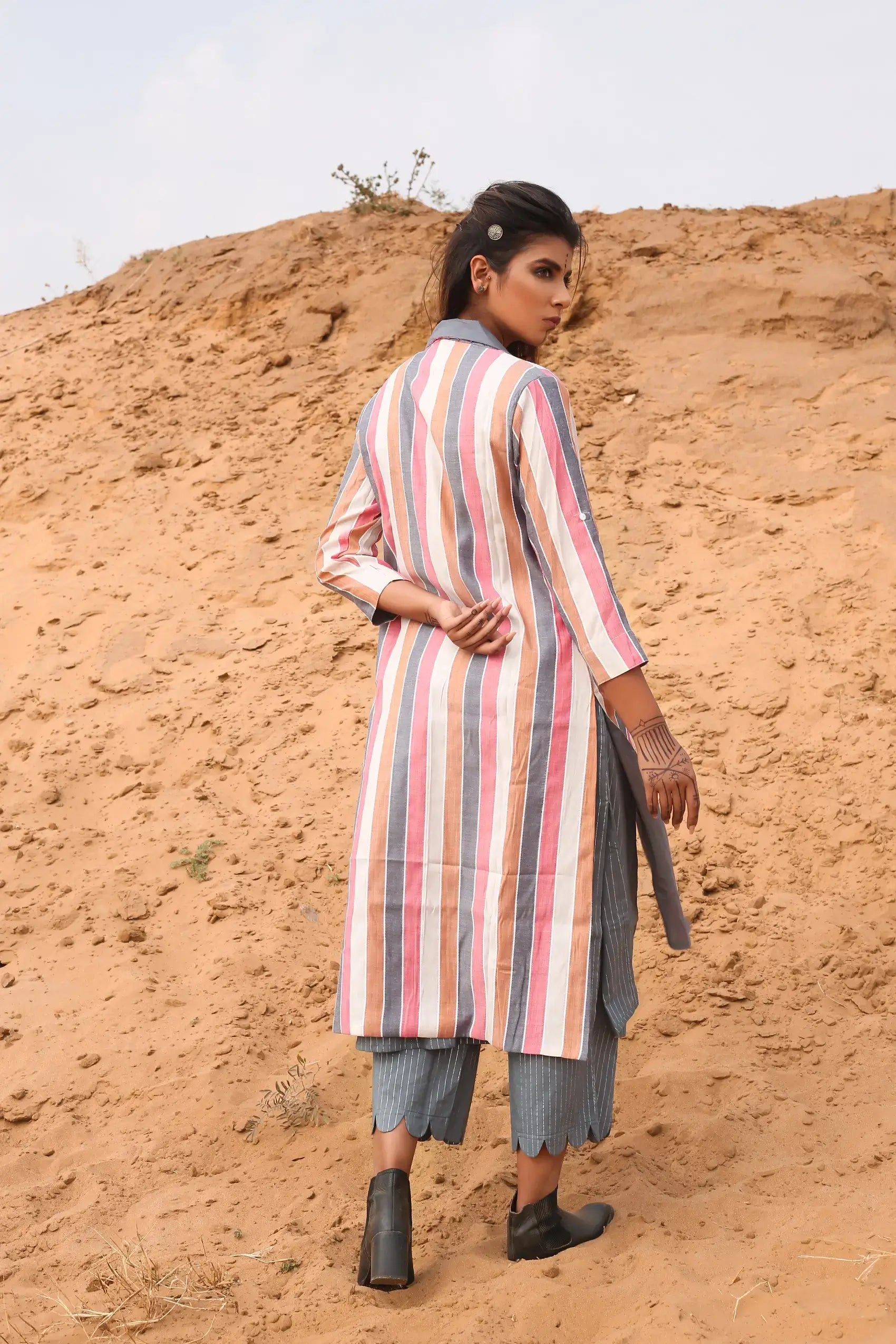 Multi-Color Striped Cape With Kurta And Pants - Set Of Three