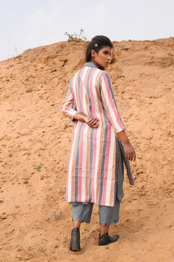 Multi-Color Striped Cape With Kurta And Pants - Set Of Three