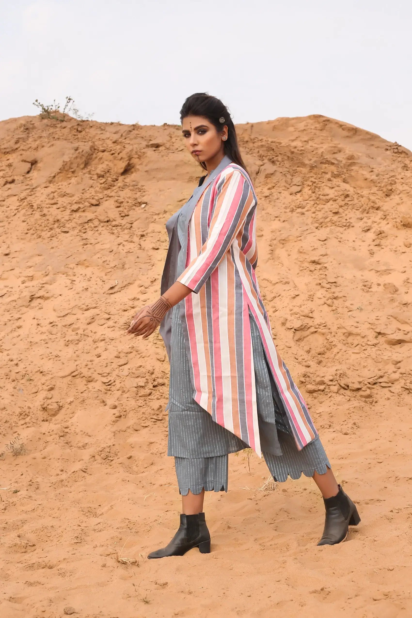 Multi-Color Striped Cape With Kurta And Pants - Set Of Three