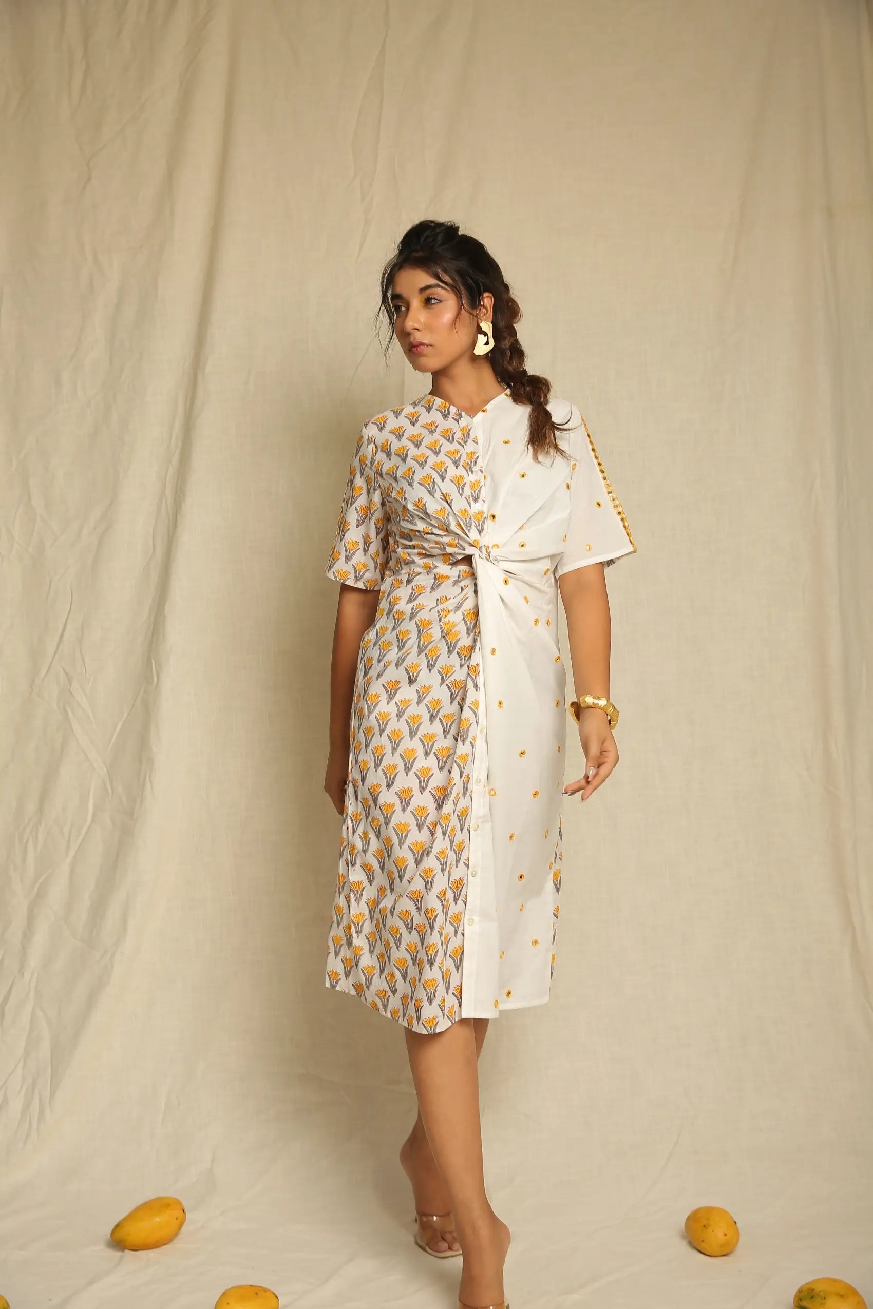 Yellow White Hand Block Printed Cotton Mirror Work Knot Dress