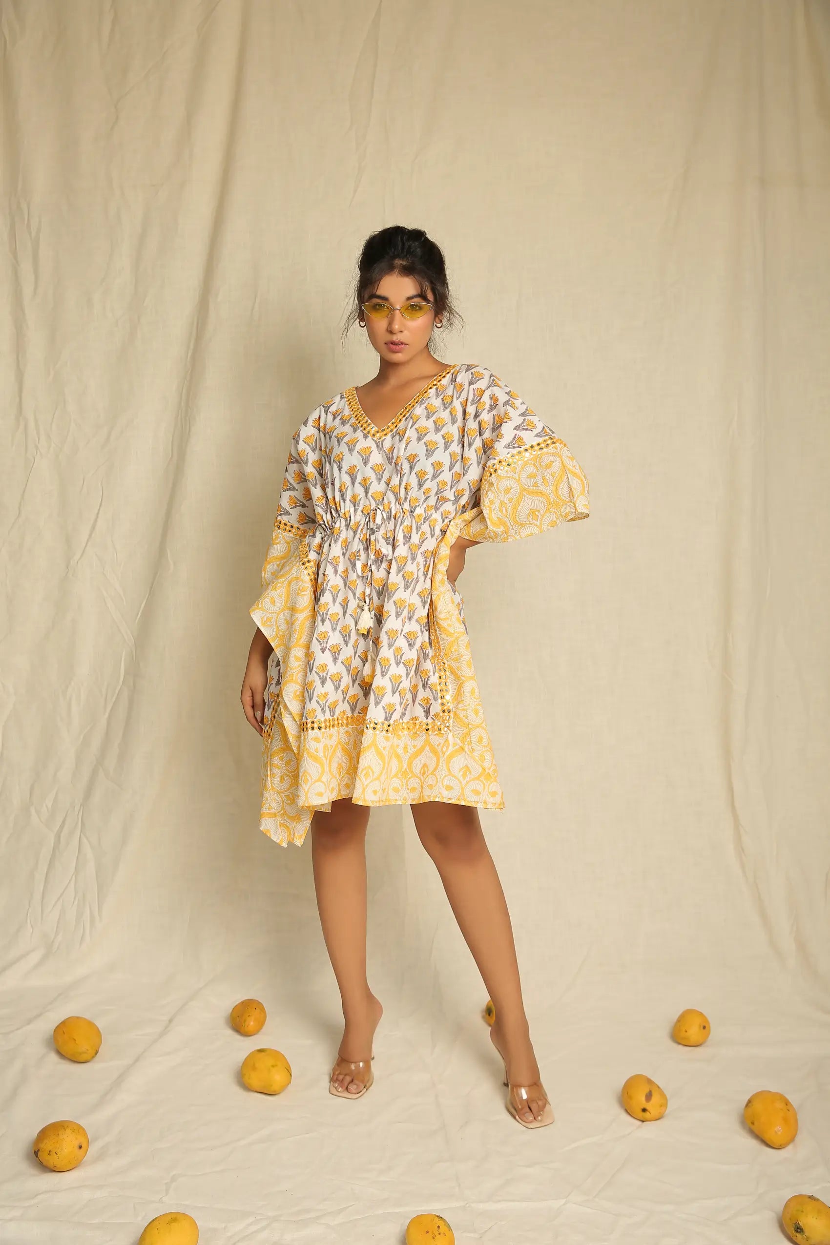 Yellow Hand Block Printed Cotton Mirror Work Kaftan