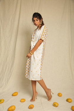 Yellow White Hand Block Printed Cotton Mirror Work Knot Dress