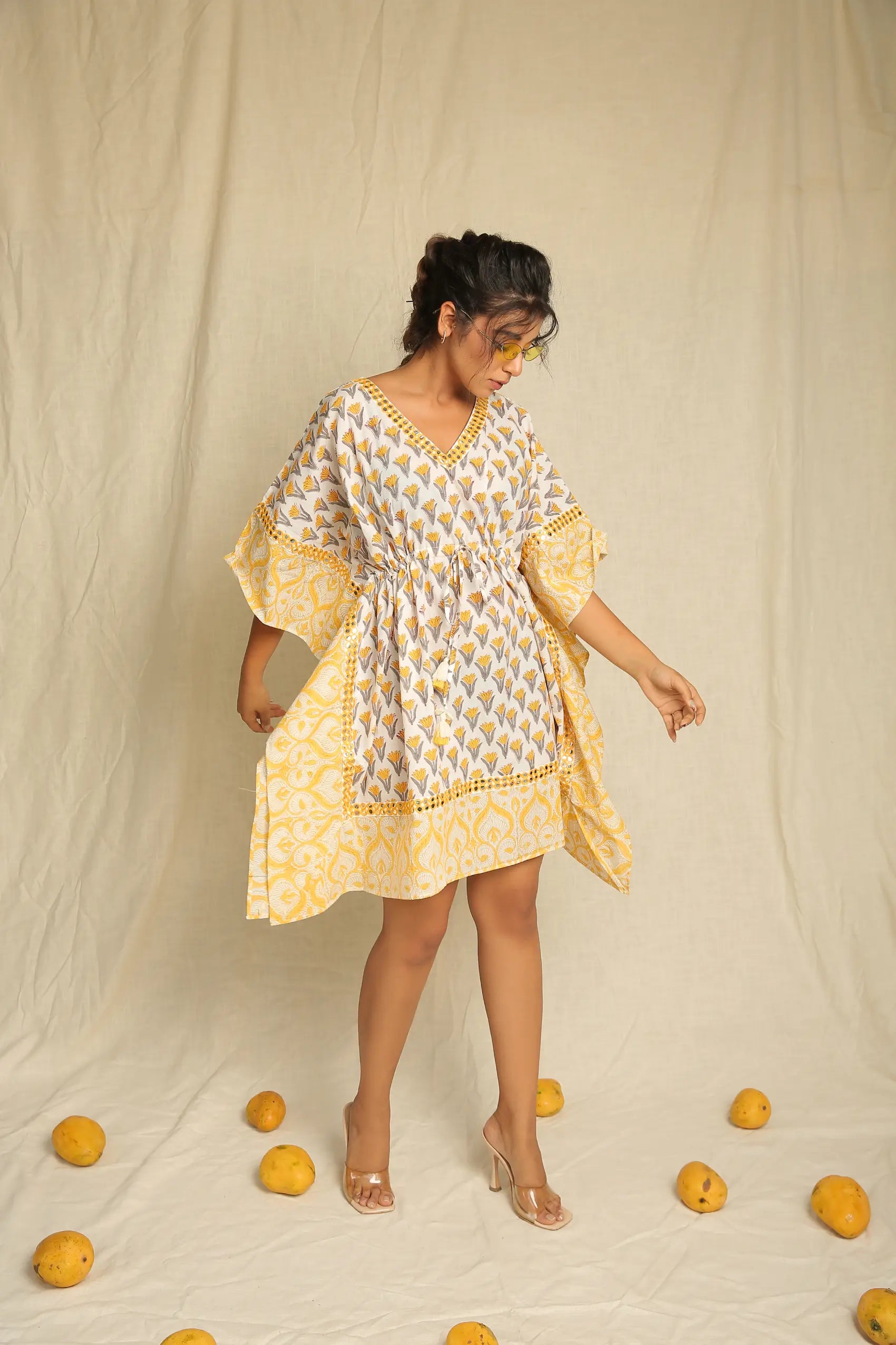 Yellow Hand Block Printed Cotton Mirror Work Kaftan