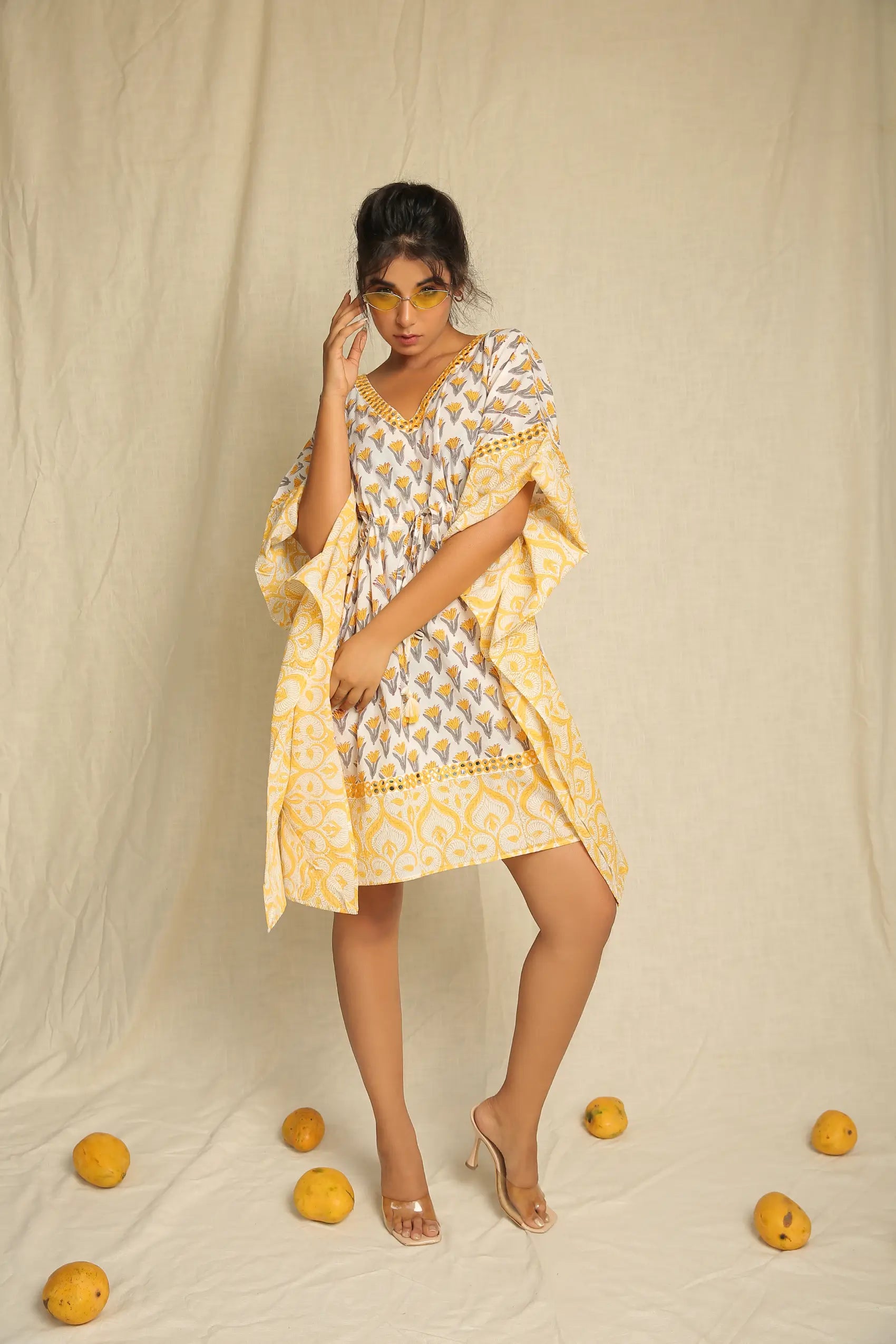 Yellow Hand Block Printed Cotton Mirror Work Kaftan