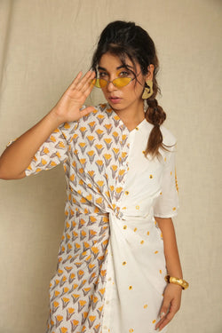 Yellow White Hand Block Printed Cotton Mirror Work Knot Dress