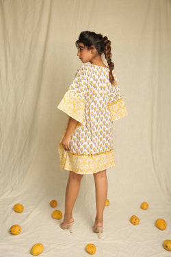 Yellow Hand Block Printed Cotton Mirror Work Kaftan