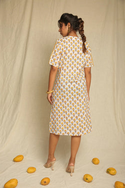 Yellow White Hand Block Printed Cotton Mirror Work Knot Dress