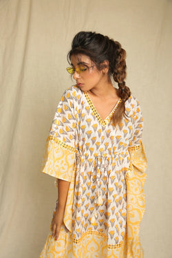 Yellow Hand Block Printed Cotton Mirror Work Kaftan