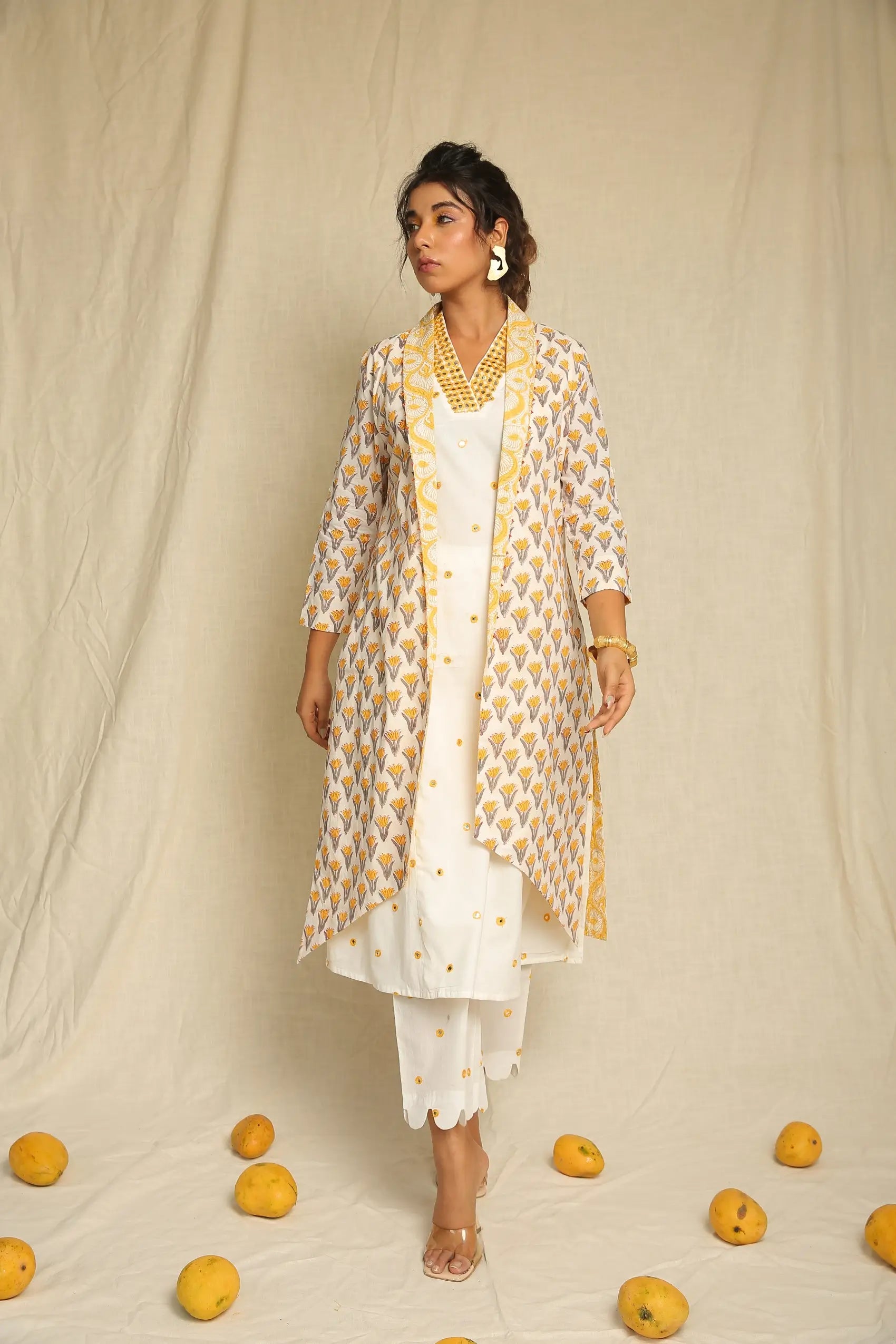 White Mirror Work Cotton Kurta with Hand Block Printed Cape and Scalloped Pants- Set of Three