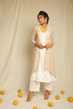 White Mirror Work Cotton Kurta with Hand Block Printed Cape and Scalloped Pants- Set of Three