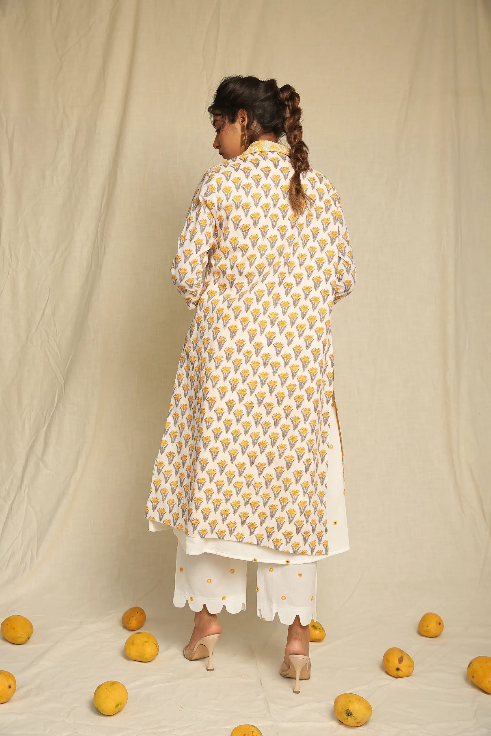 White Mirror Work Cotton Kurta with Hand Block Printed Cape and Scalloped Pants- Set of Three