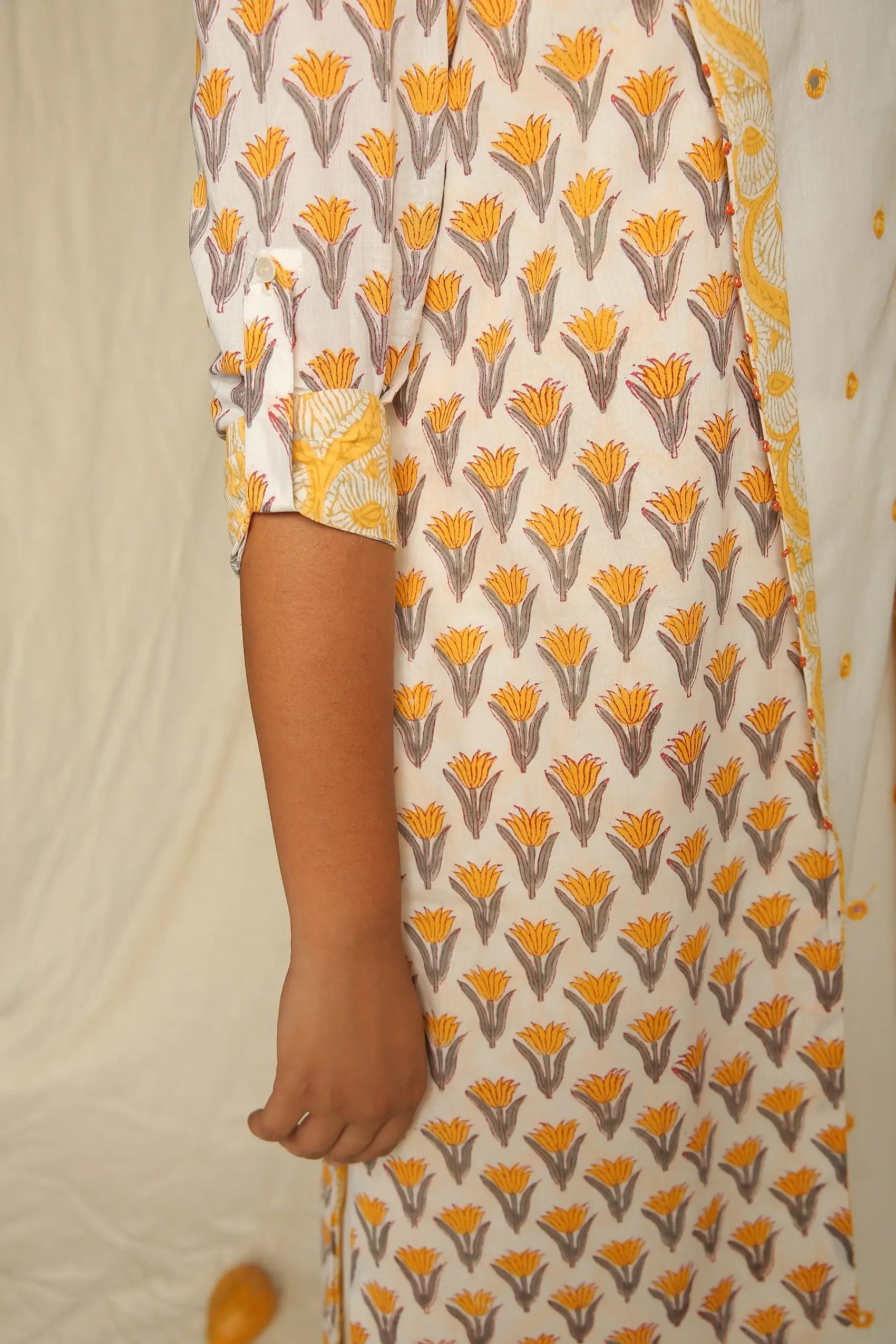 Yellow White Hand Block Printed Cotton Asymmetric Cape