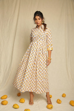 Yellow White Hand Block Printed Cotton Mirror Work Dress