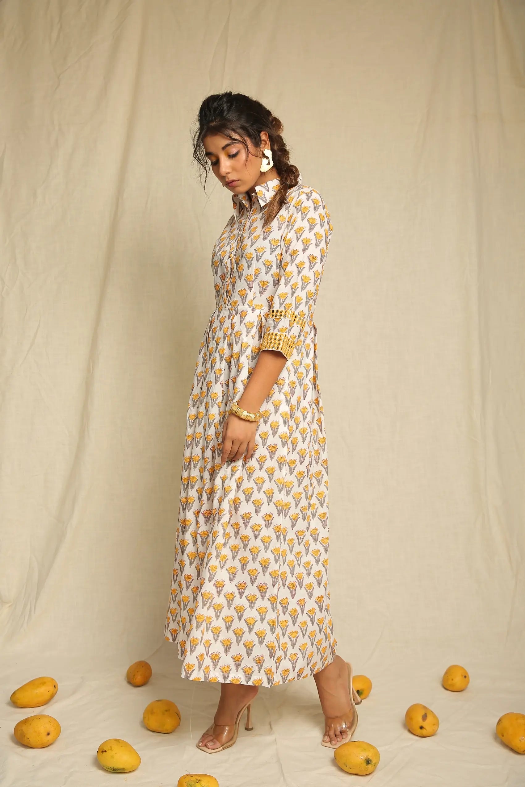 Yellow White Hand Block Printed Cotton Mirror Work Dress