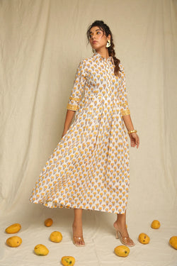 Yellow White Hand Block Printed Cotton Mirror Work Dress