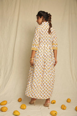 Yellow White Hand Block Printed Cotton Mirror Work Dress