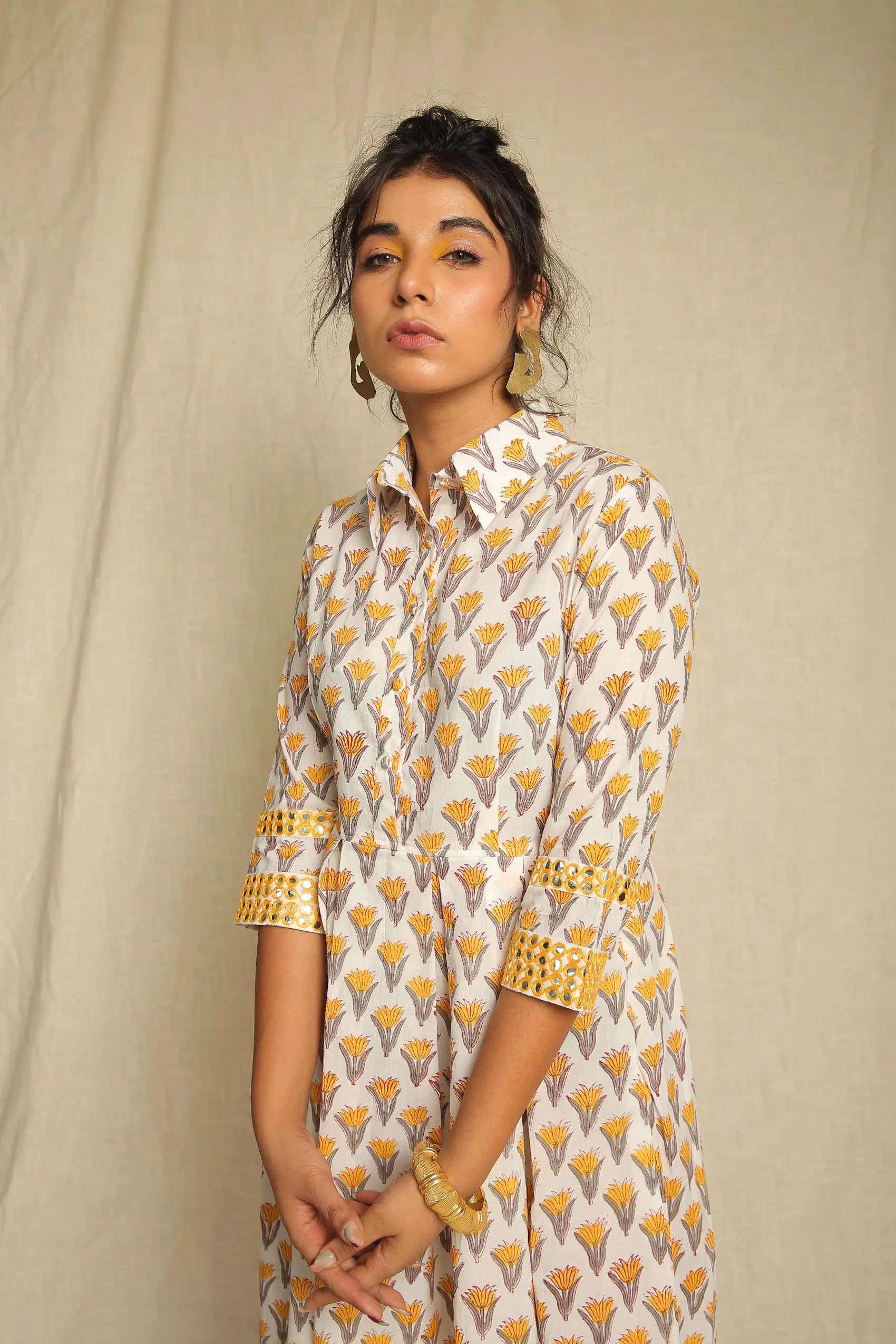 Yellow White Hand Block Printed Cotton Mirror Work Dress