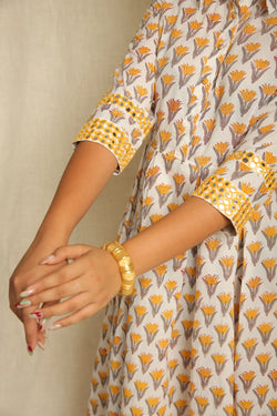 Yellow White Hand Block Printed Cotton Mirror Work Dress