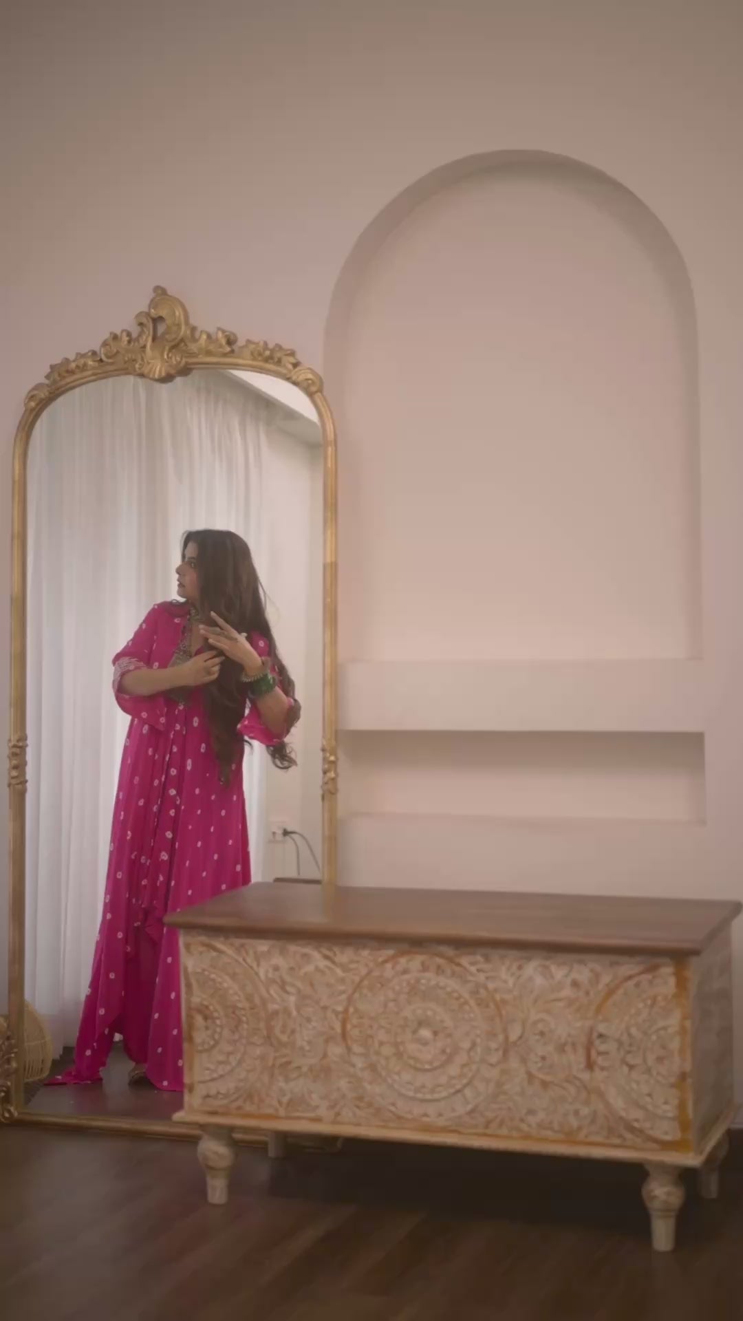 Bandhani Asymmetrical Kurta Set (Hot Pink)