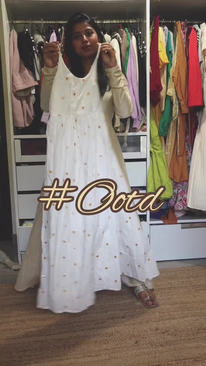 White Yellow Mirror Work Cotton Dress with Hand Block Printed Jacket - Set of two