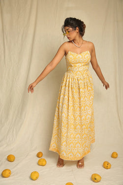 Yellow White Hand Block Printed Cotton Spaghetti Dress