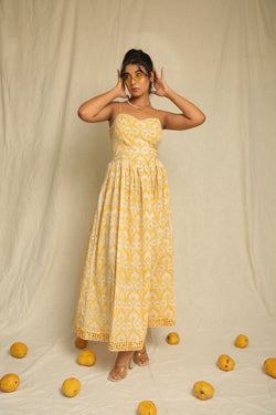 Yellow White Hand Block Printed Cotton Spaghetti Dress