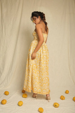 Yellow White Hand Block Printed Cotton Spaghetti Dress