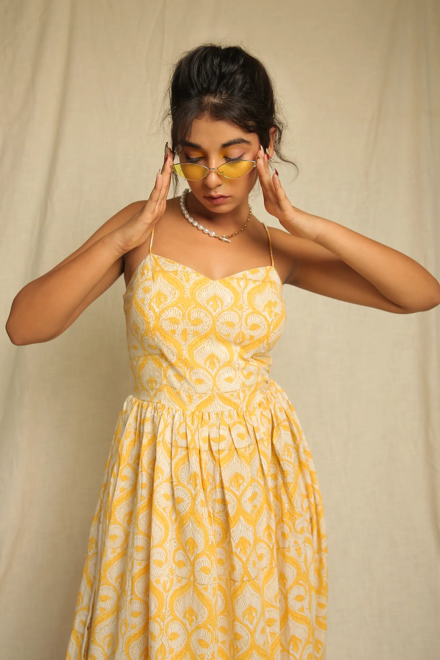 Yellow White Hand Block Printed Cotton Spaghetti Dress