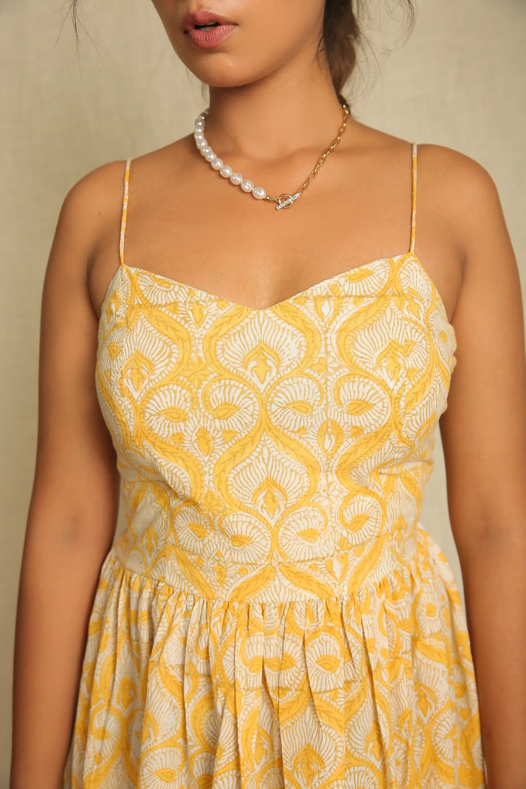 Yellow White Hand Block Printed Cotton Spaghetti Dress