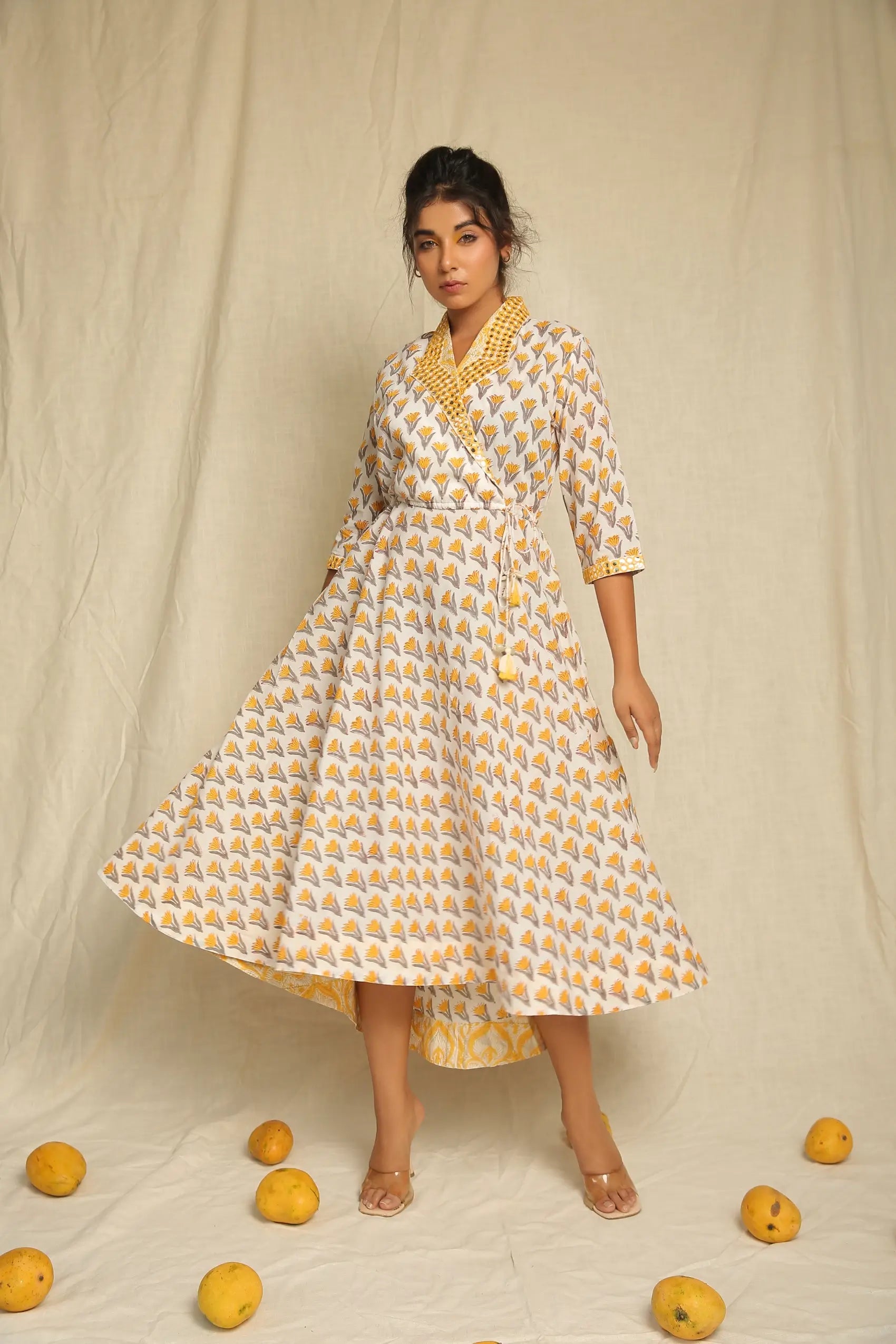 Yellow White Hand Block Printed Cotton High Low Wrap Dress