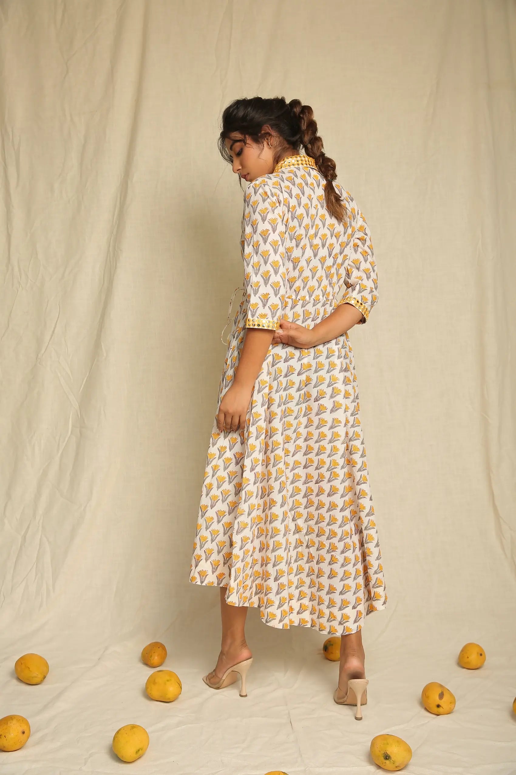 Yellow White Hand Block Printed Cotton High Low Wrap Dress